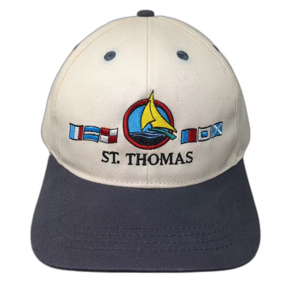Del Sol Baseball Cap Beige Blue OS St. Thomas Sailboat Nautical Adjustable Hat